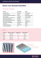 Technical specification sheet for Snug tile backer boards with properties and ratings.