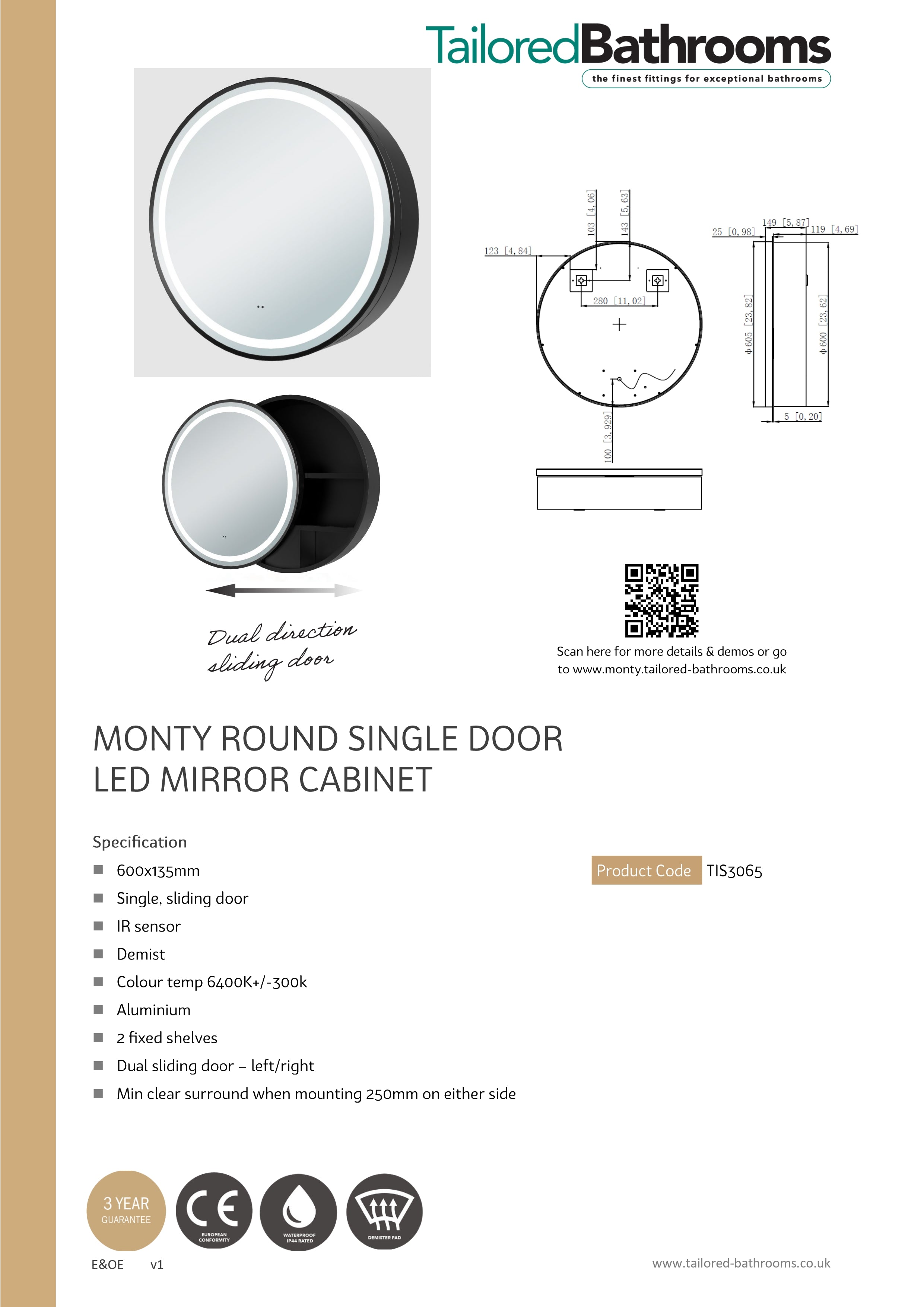Monty Round Single Door LED Mirror Cabinet - Tailored Bathrooms