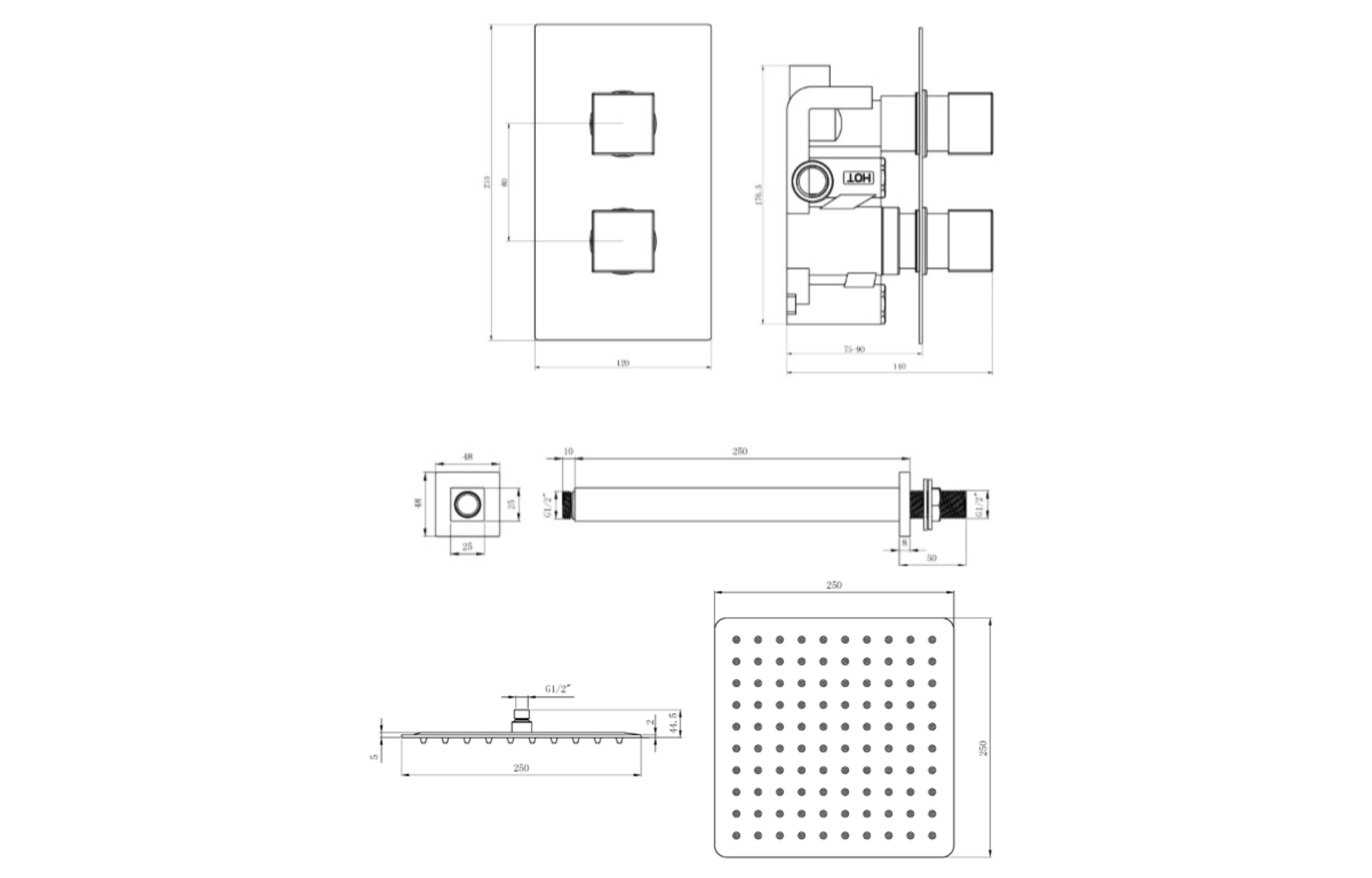 2 Handle Single Outlet Square Ceiling Shower Kit - Tailored Bathrooms