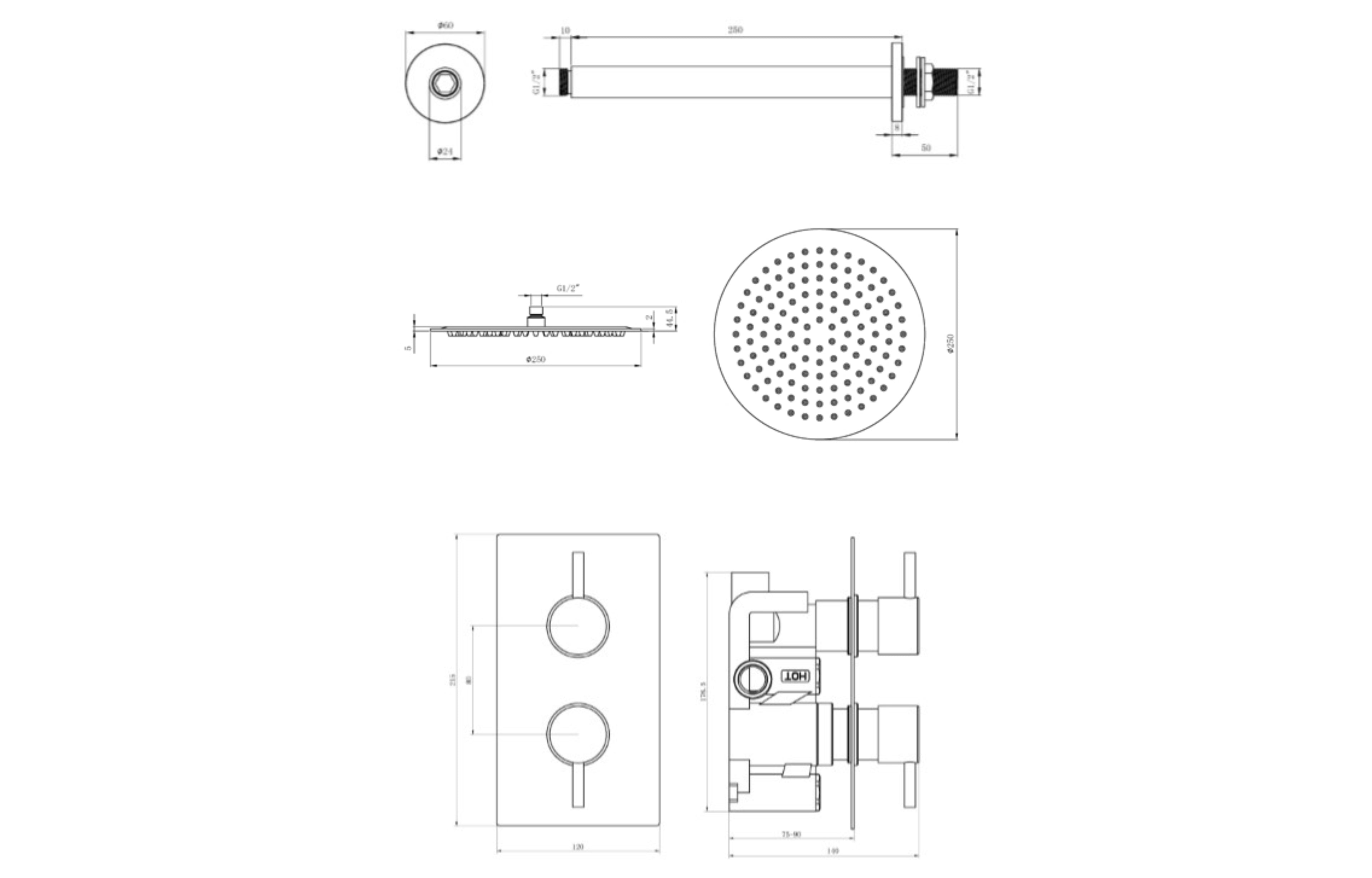 2 Handle Single Outlet Round Ceiling Shower Kit - Tailored Bathrooms