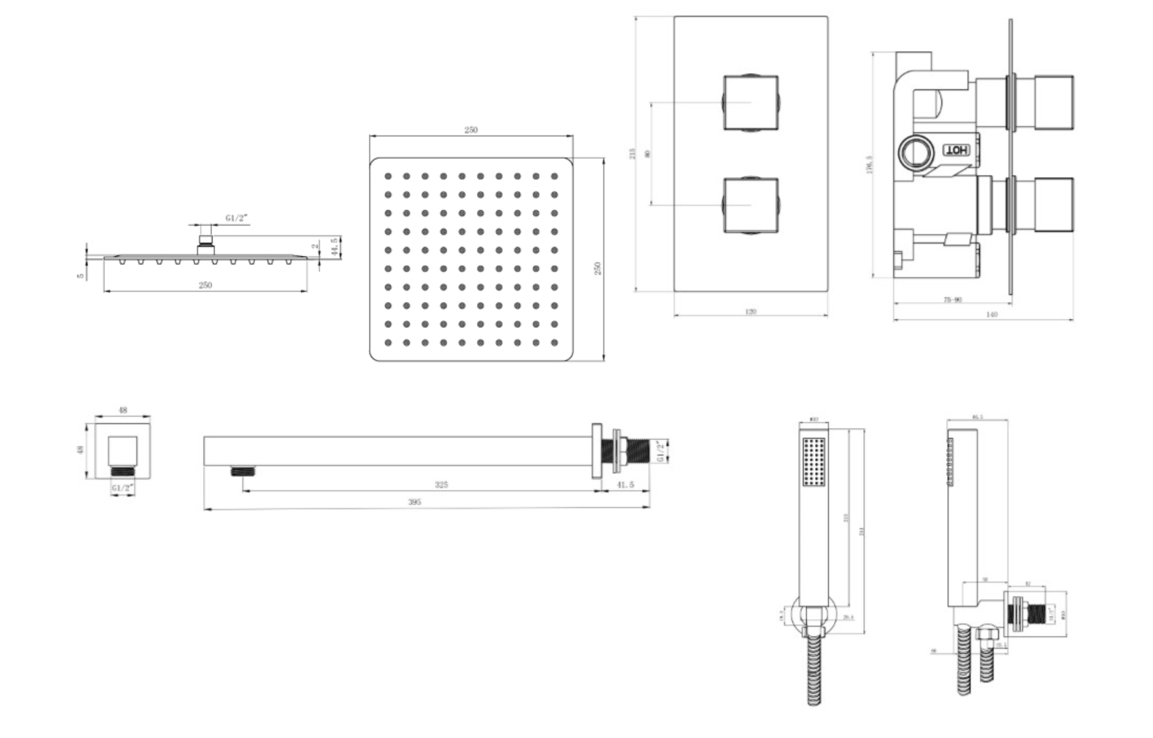 2 Handle 2 Outlet Square Wall Shower Kit - Tailored Bathrooms