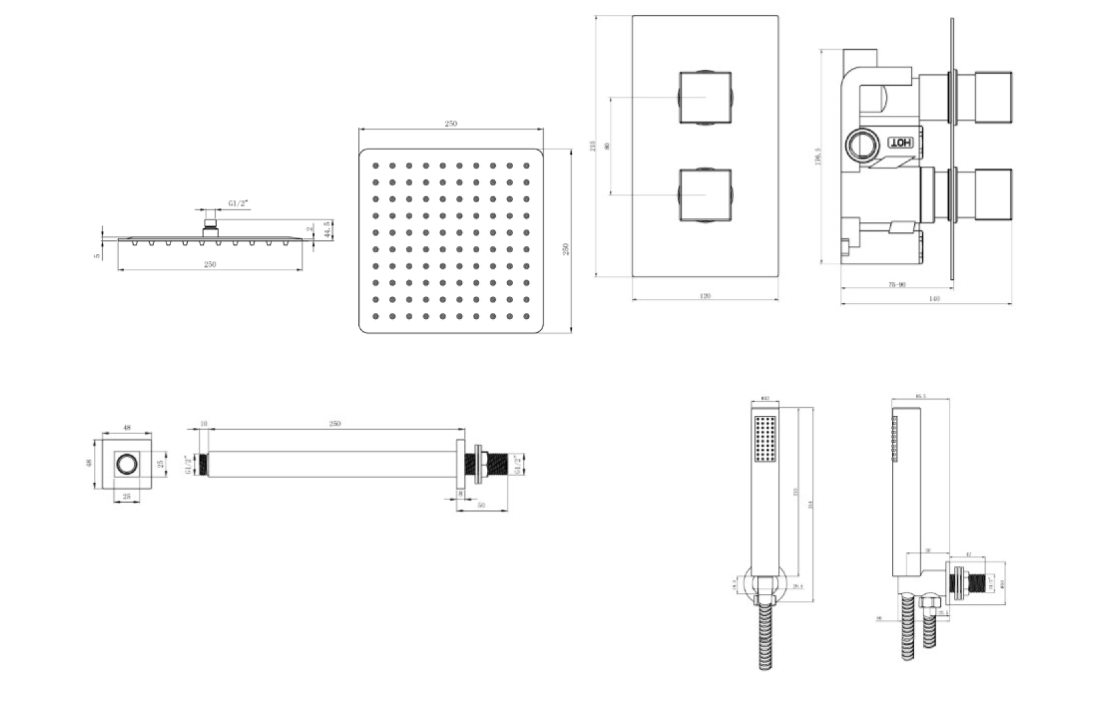 2 Handle 2 Outlet Square Ceiling Shower Kit - Tailored Bathrooms