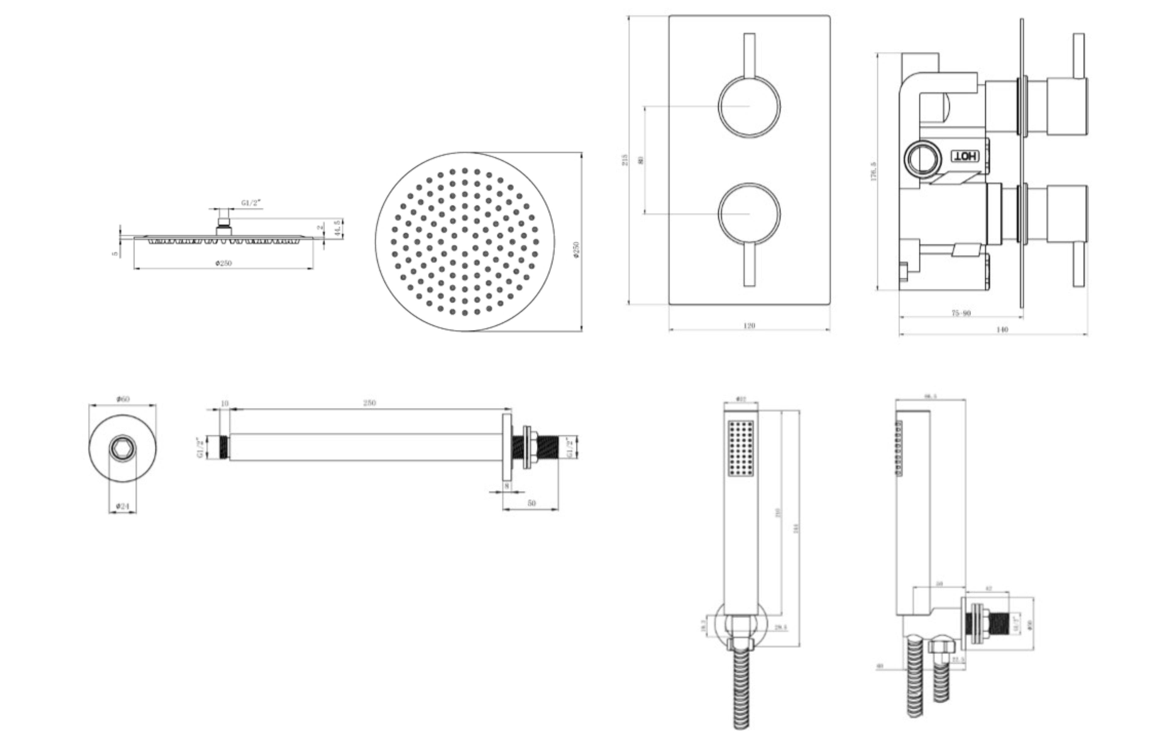 2 Handle 2 Outlet Round Ceiling Shower Kit - Tailored Bathrooms