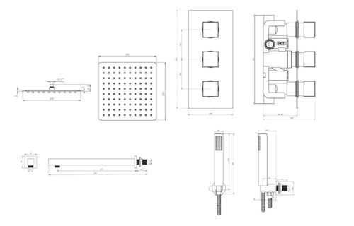 3 Handle 2 Outlet Square Twin Wall Shower Kit - Tailored Bathrooms