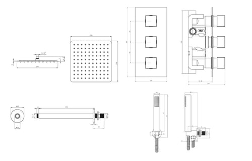 3 Handle 2 Outlet Square Twin Ceiling Shower Kit - Tailored Bathrooms