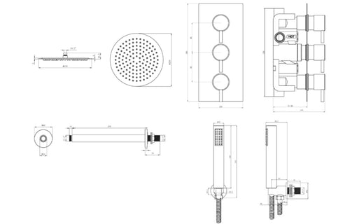 3 Handle 2 Outlet Round Twin Ceiling Shower Kit - Tailored Bathrooms
