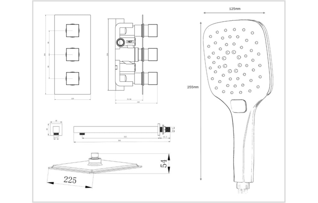 Black Concealed Thermostatic 3 Handle 2 Way Shower Kit with SS Head - Tailored Bathrooms