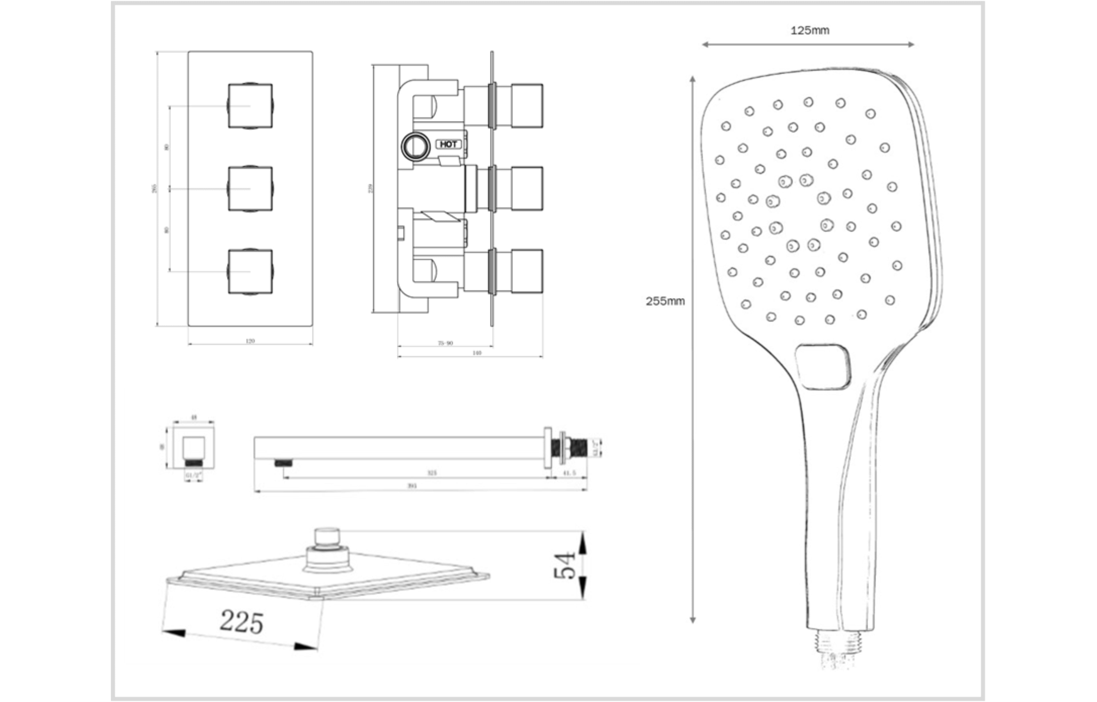 Black Concealed Thermostatic 3 Handle 2 Way Shower Kit with SS Head - Tailored Bathrooms