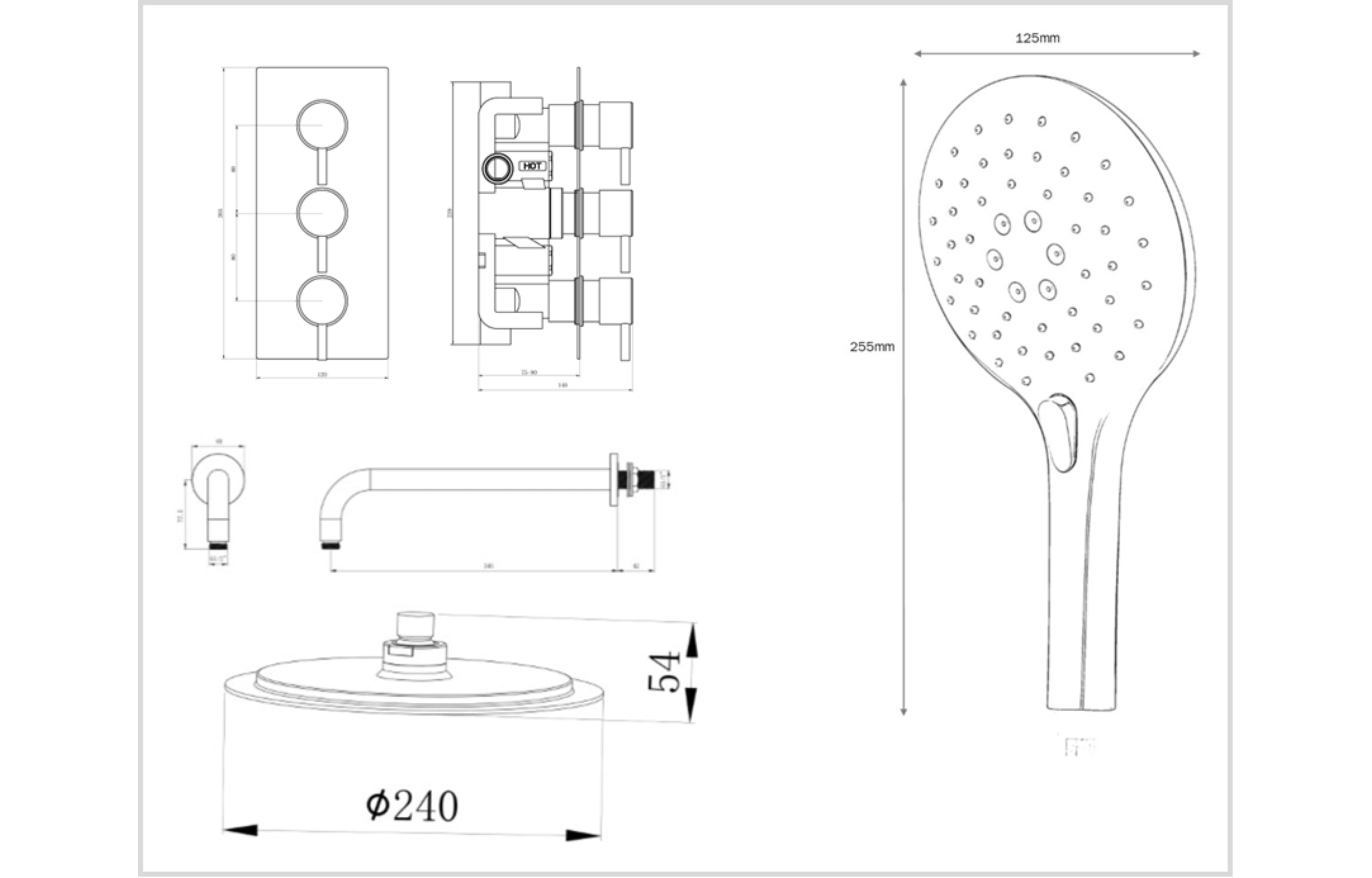 Black Concealed Thermostatic 3 Handle 2 Way Shower Kit with SS Head - Tailored Bathrooms
