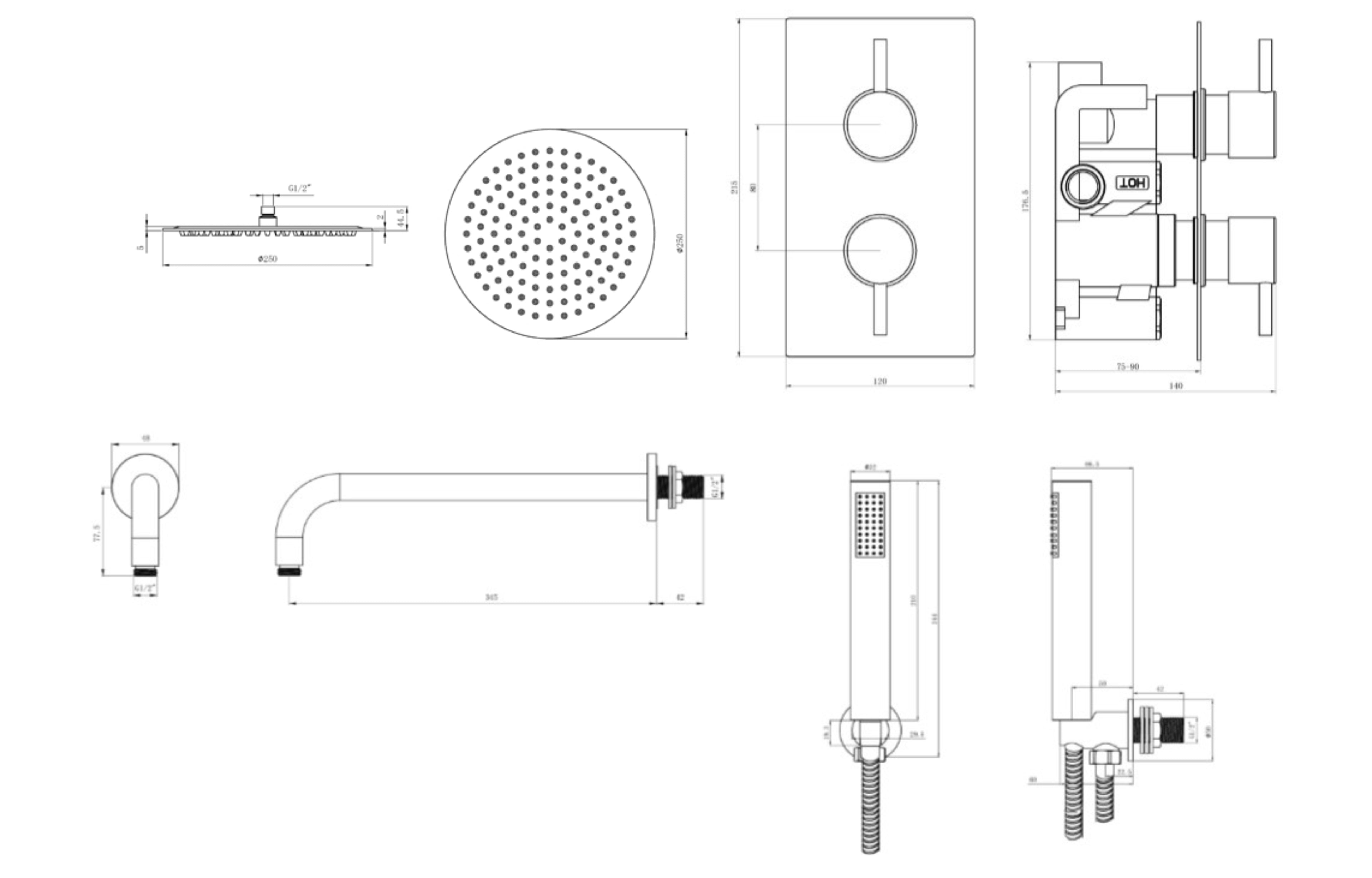 Round and square Concealed Thermostatic 2 Handle 2 Way Shower Kit - Tailored Bathrooms