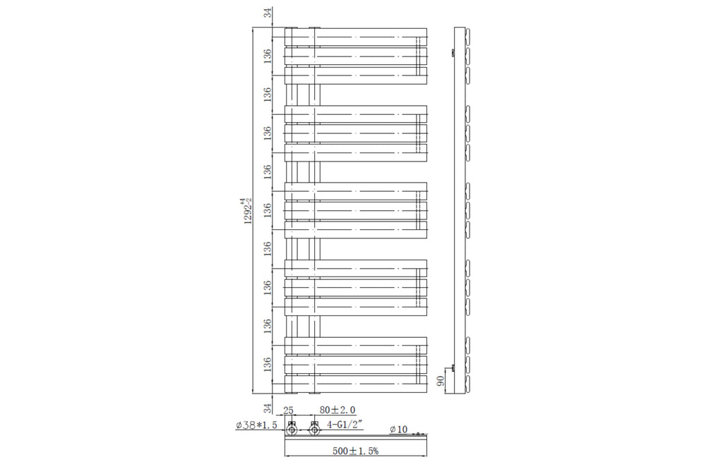 Technical drawing of a heated towel rail