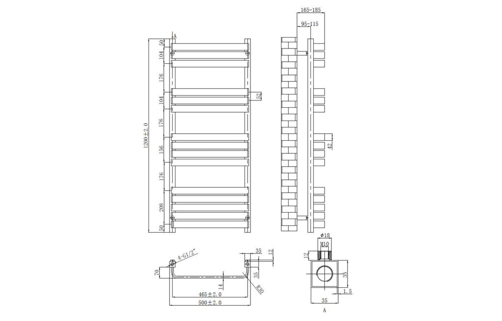 Auckland Towel Warmer Brushed Brass 1200x500mm - Tailored Bathrooms