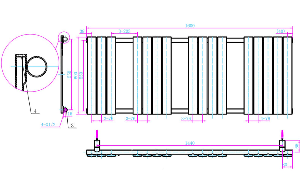 Technical drawing of a radiator with dimensions and annotations