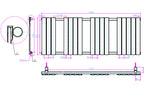 Technical drawing of a radiator with dimensions and annotations
