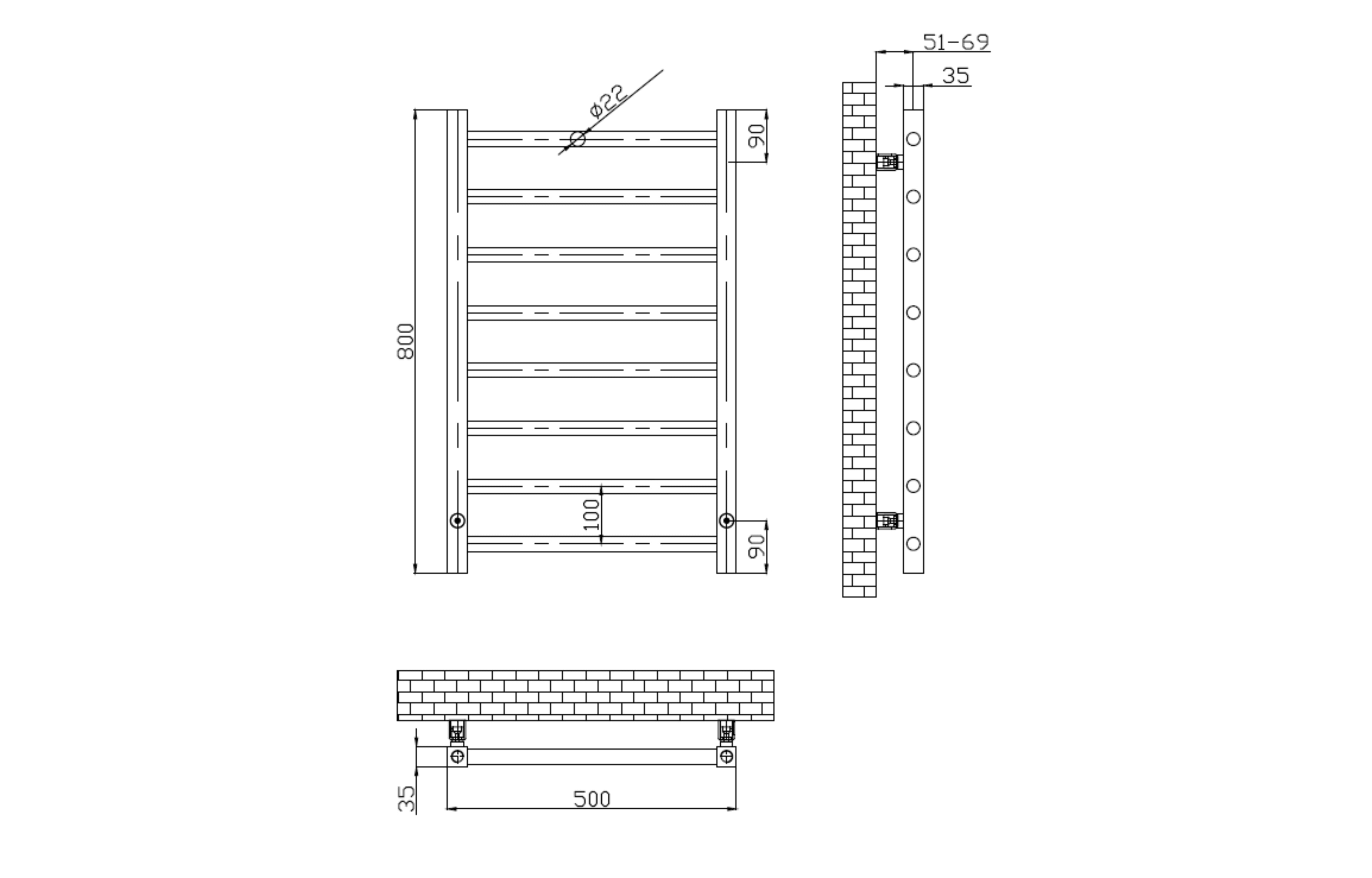 Sanson Ladder Rail Brushed Brass 800x500mm - Tailored Bathrooms