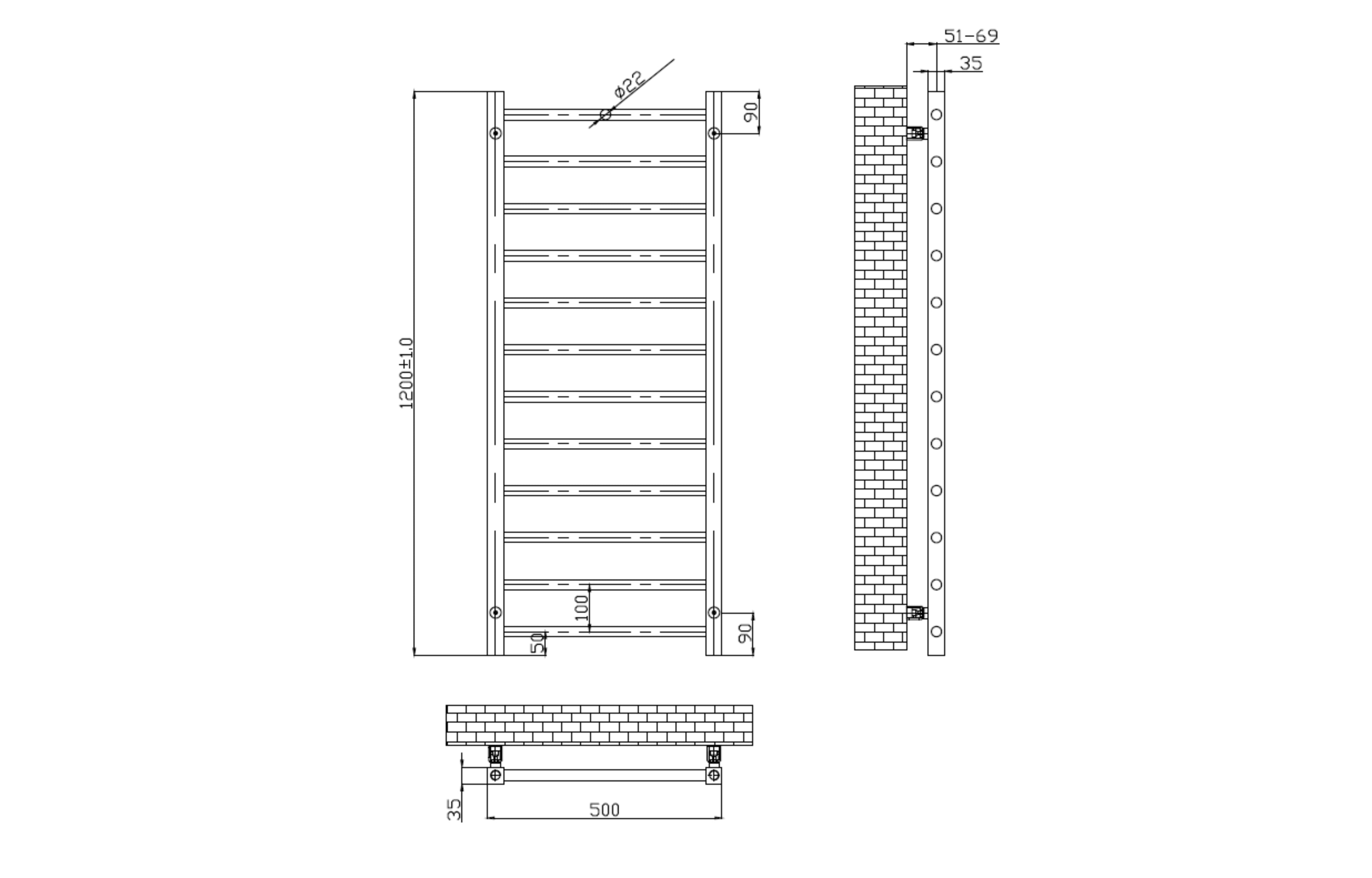 Sanson Ladder Rail Brushed Brass 1200x500mm - Tailored Bathrooms