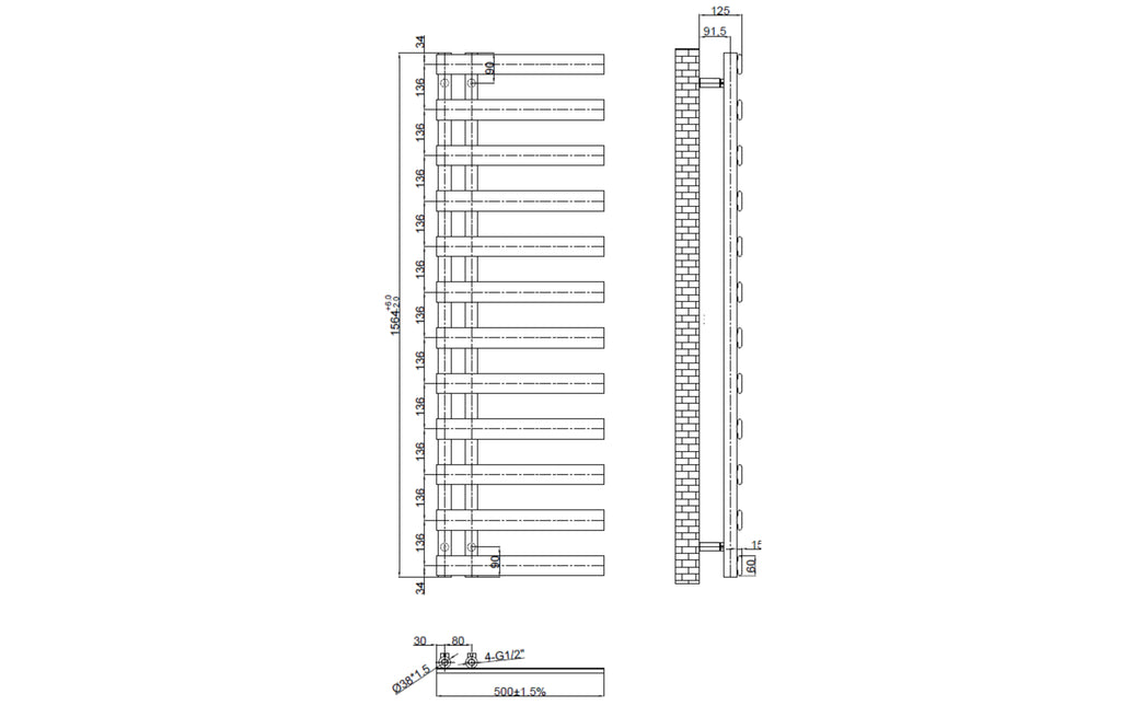 Milton Designer Offset Towel Radiator Brushed Brass 1564x500mm - Tailored Bathrooms