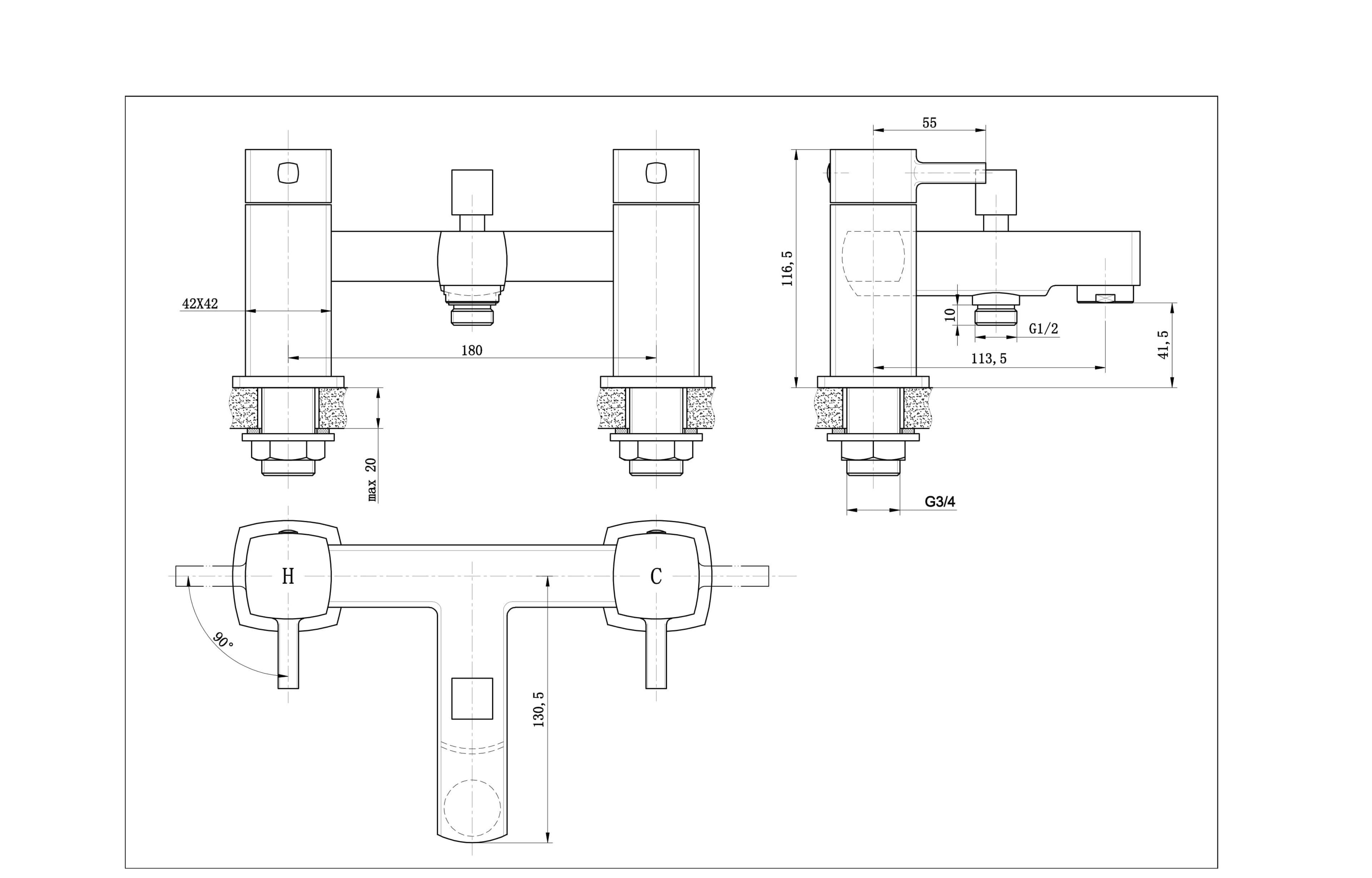 Newport Square Bath Shower Mixer - Tailored Bathrooms