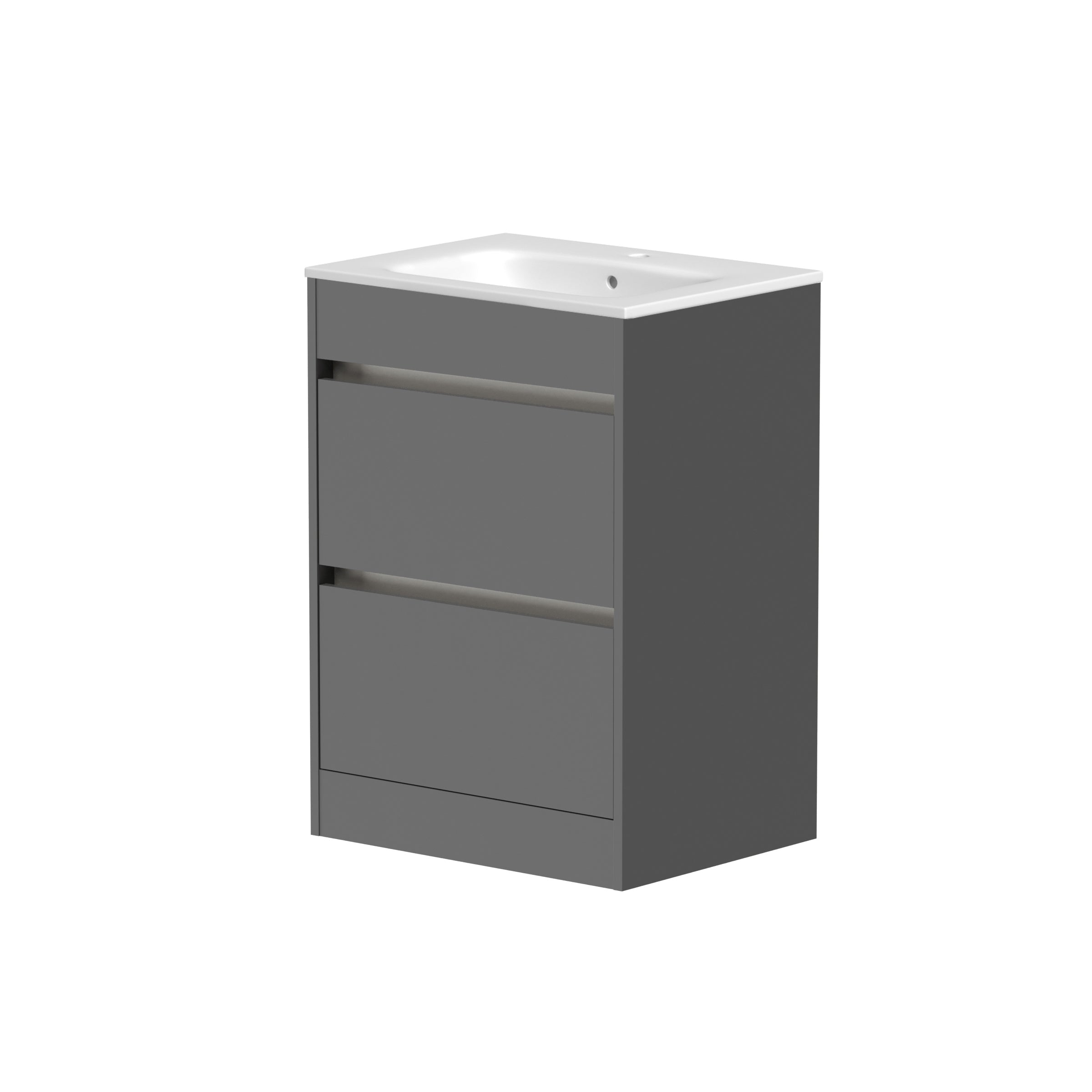 Front view of Thetab 2 Drawer Floorstanding Vanity Unit in Matt Grey – modern freestanding bathroom storage with 620mm basin.