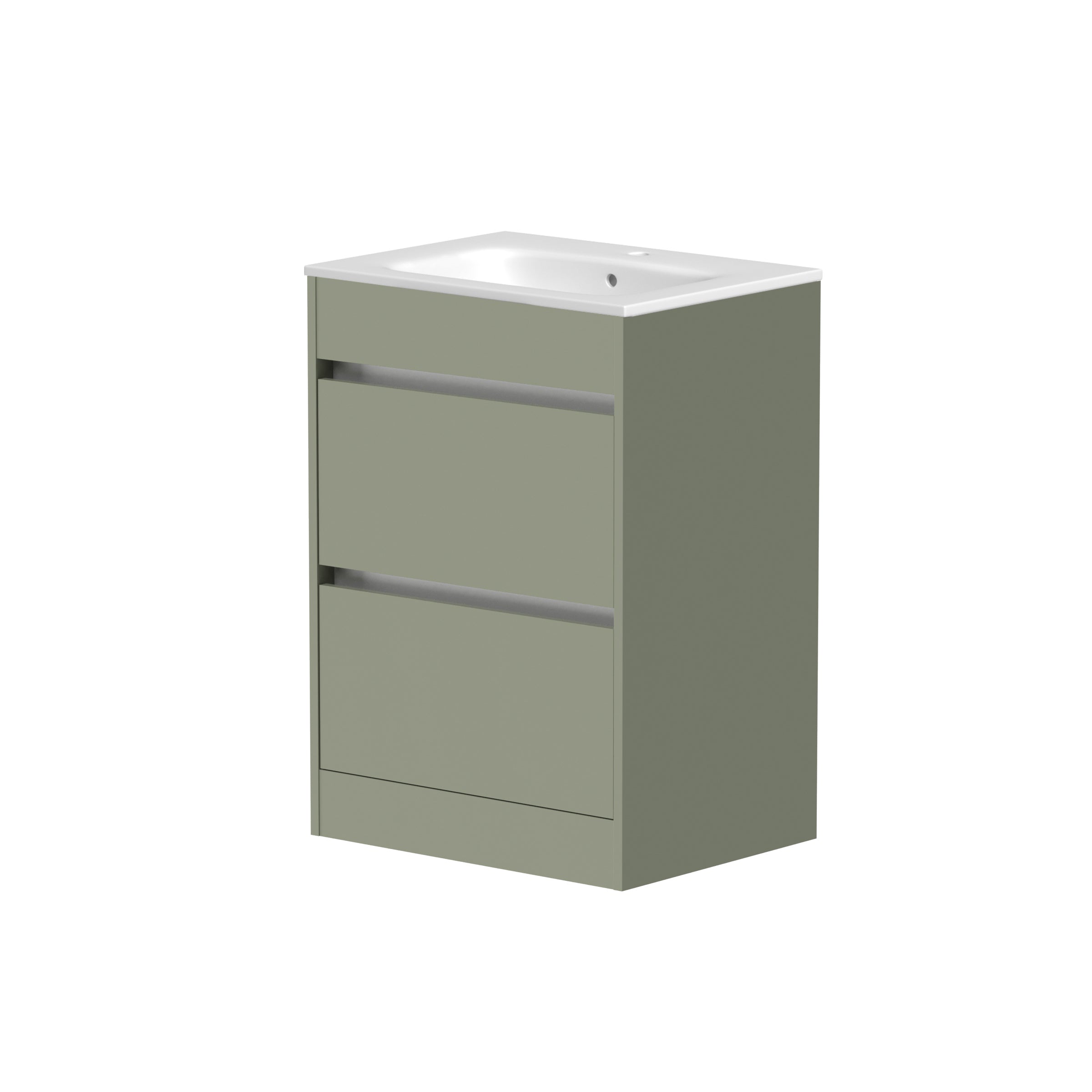 Front view of Thetab 2 Drawer Floorstanding Vanity Unit in Savannah Green – contemporary freestanding vanity with dual drawers and 620mm basin