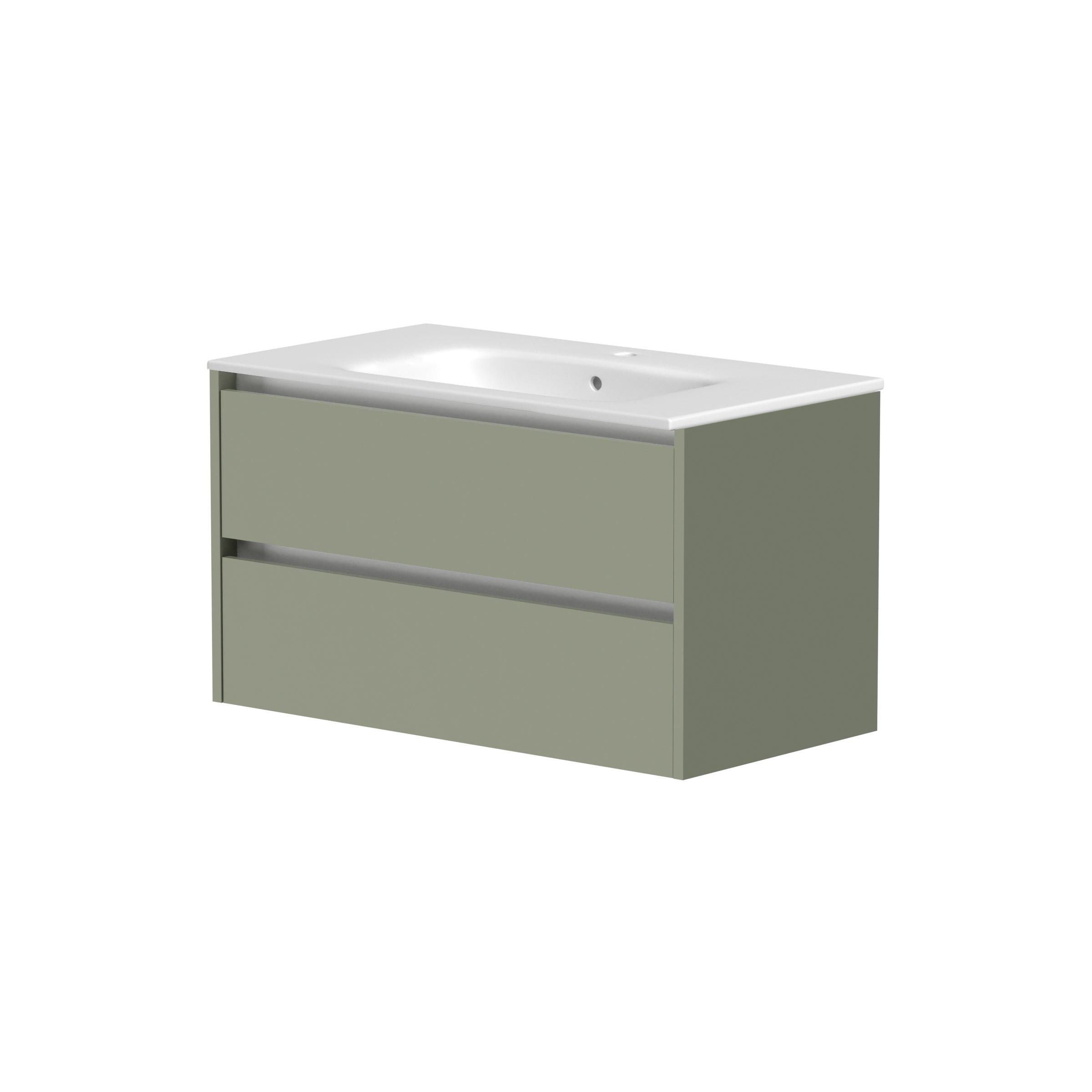Front view of Thetab 790mm 2 Drawer Wall Mounted Vanity Unit in Savannah Green – modern wall-mounted vanity with extra storage.