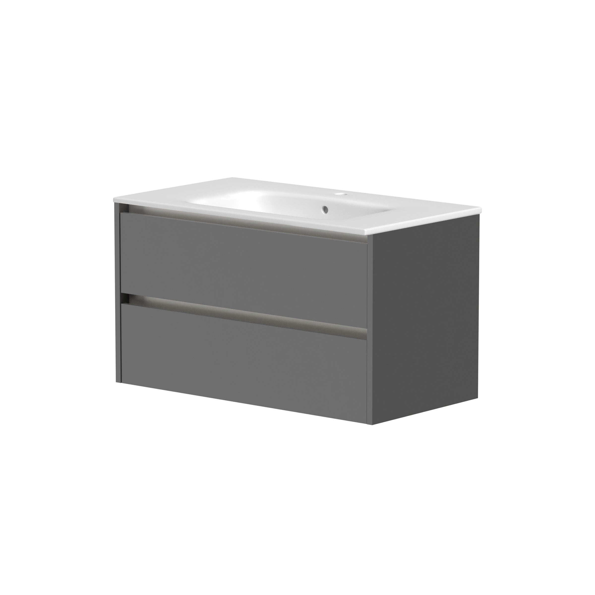 Front view of Thetab 790mm 2 Drawer Wall Mounted Vanity Unit in Matt Grey – sleek wide floating vanity for contemporary bathrooms.