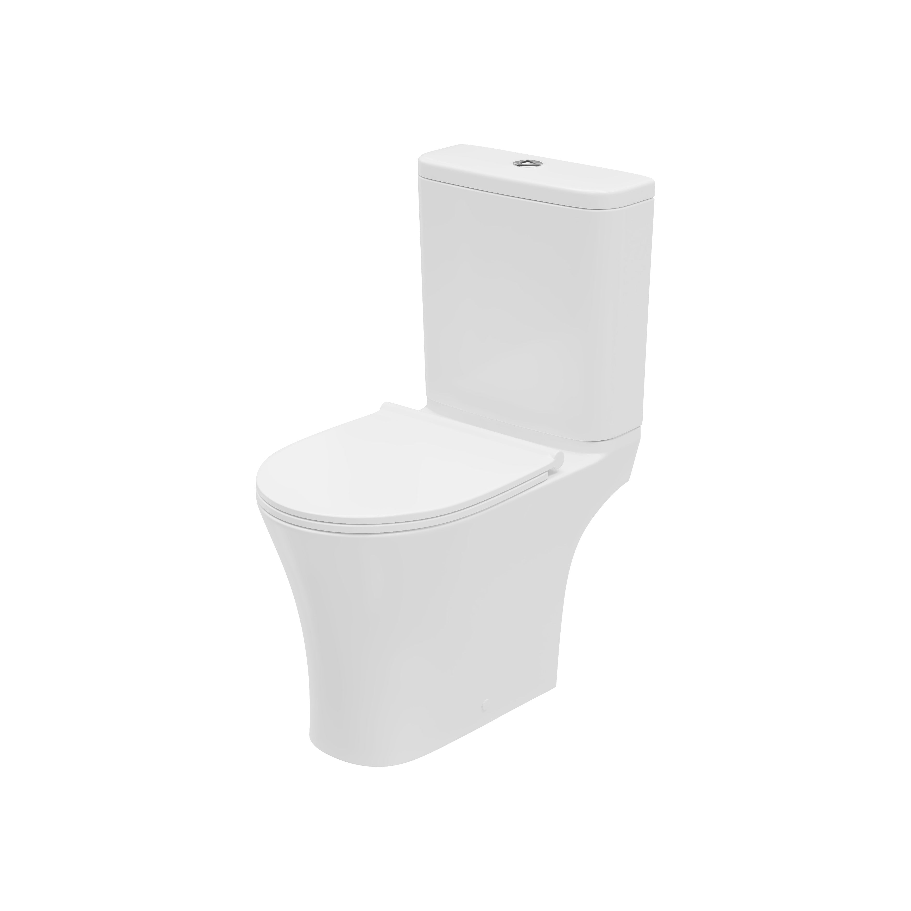 Front view of Verta Rimless 400 mm x 600 mm x 355 mm Close Coupled Open Back WC Pan in White – modern open-back toilet