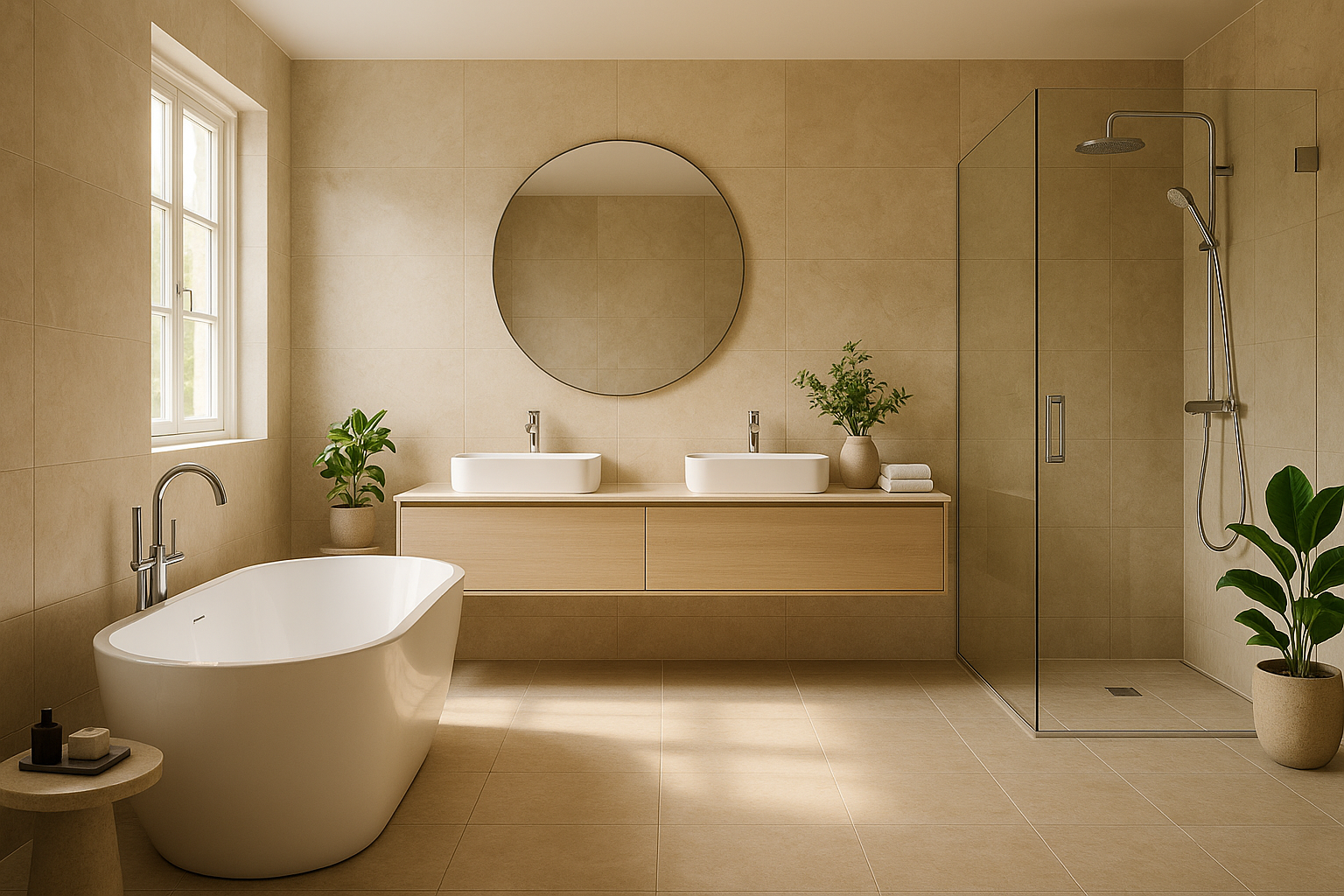 Create a realistic, high-resolution image of a modern luxury bathroom interior with soft natural lighting. The room features a freestanding bathtub, wall-hung vanity with double basins, large round mirror, walk-in glass shower, and light beige marble tiles. Add subtle warm tones, chrome fixtures, plants, and minimal accessories for a clean, elegant look. The overall style is contemporary and inviting — suitable for a premium bathroom brand website.